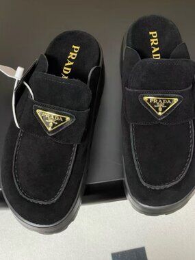Prada Black Suede Triangle Logo Slides